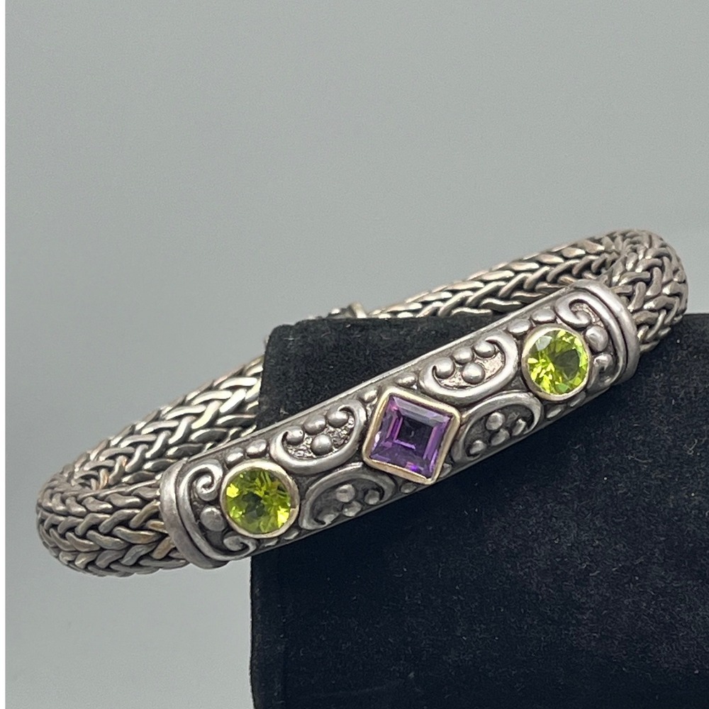 Samuel Behnam BJC Sterling 3 stone Amethyst and Peridot Station Bracelet foxtail